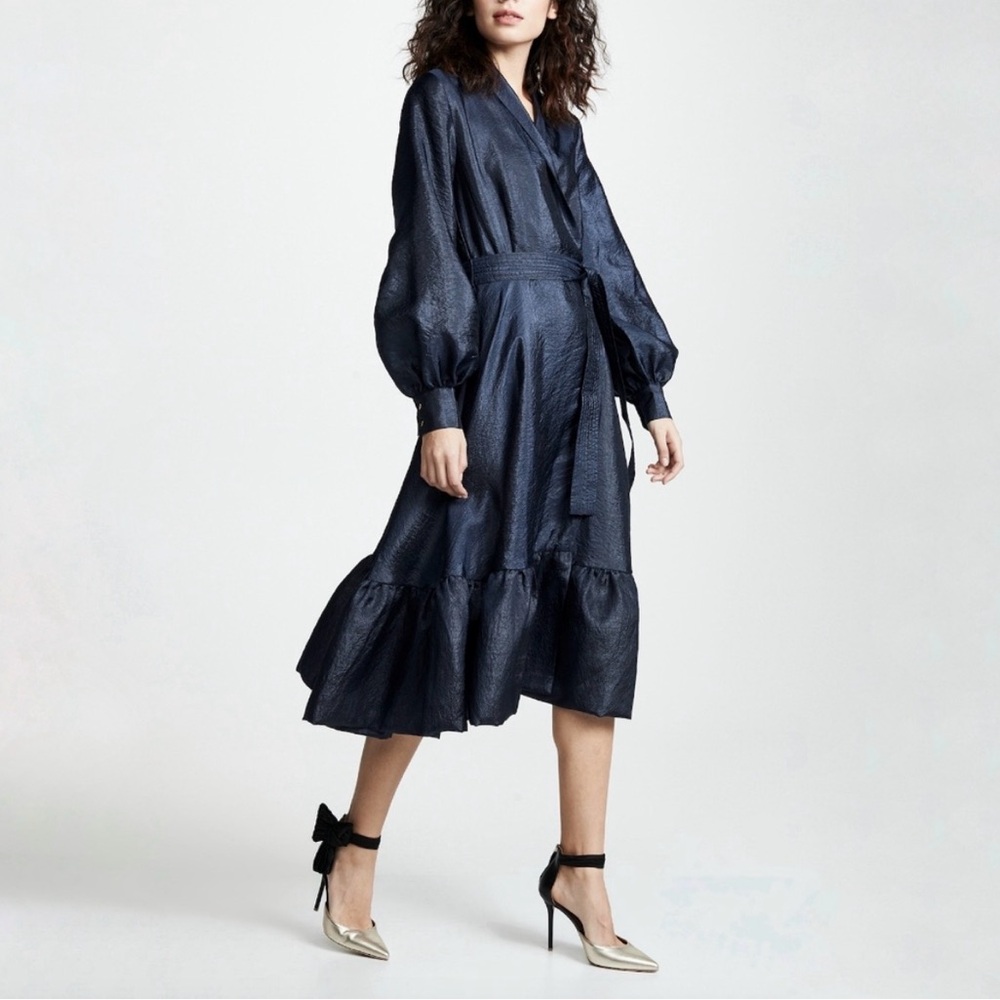 Stine Goya Niki Wrap Midi Dress Size Medium Shiny Midnight Blue Puff‎ Sleeve NWT